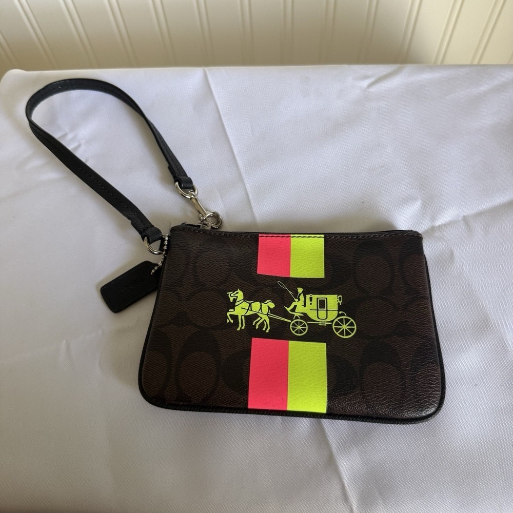 COACH Brown Signature Horse Carriage Neon Stripe Card Wristlet Coated Canvas